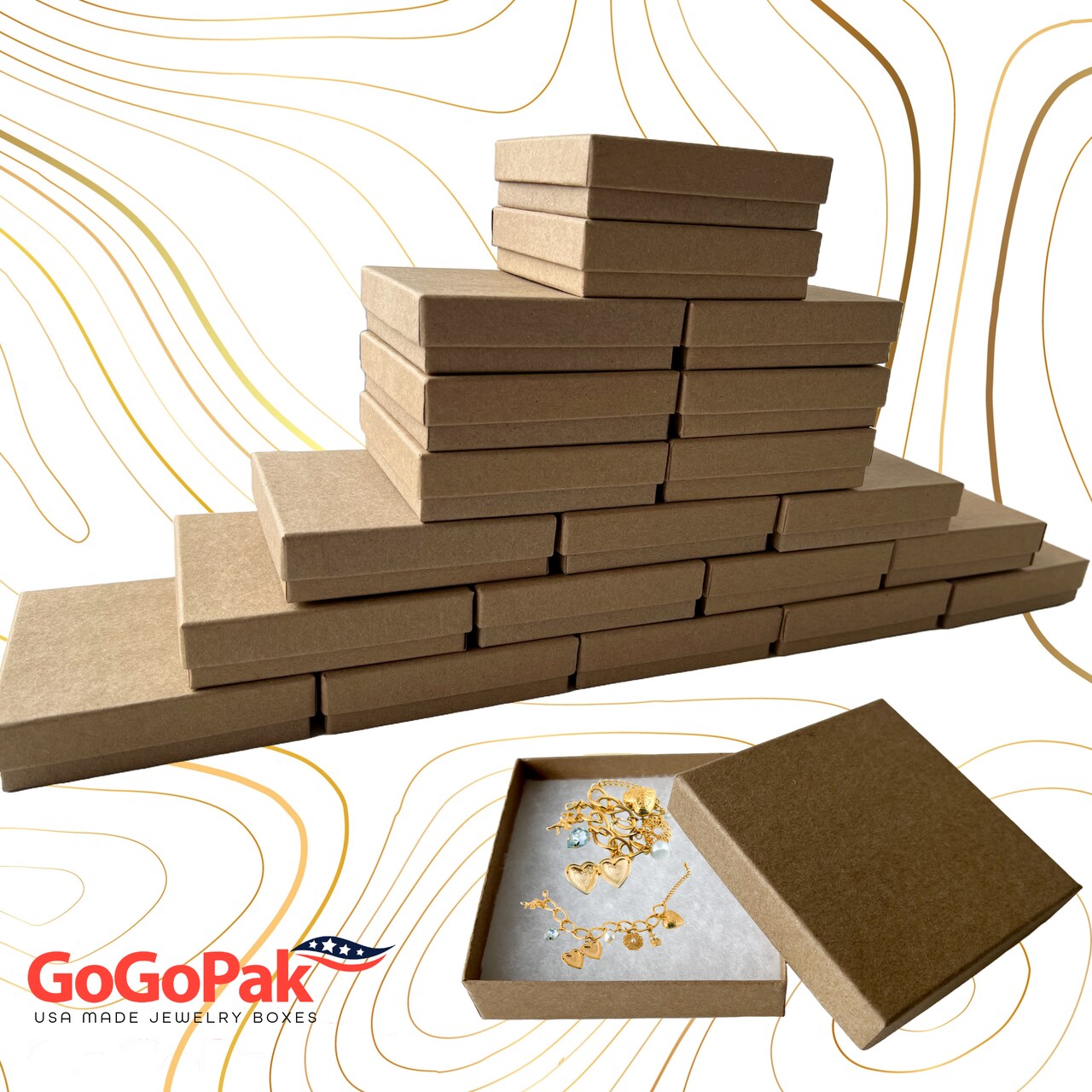 MADE IN USA-20 Boxes - Cotton Filled Cardboard Paper Jewelry Box Gift Case 3-1/2" x 3-1/2" x 7/8" Recycled Kraft - Sturdy Boxes - Jewelry Gift Giving & Keepsake Boxes